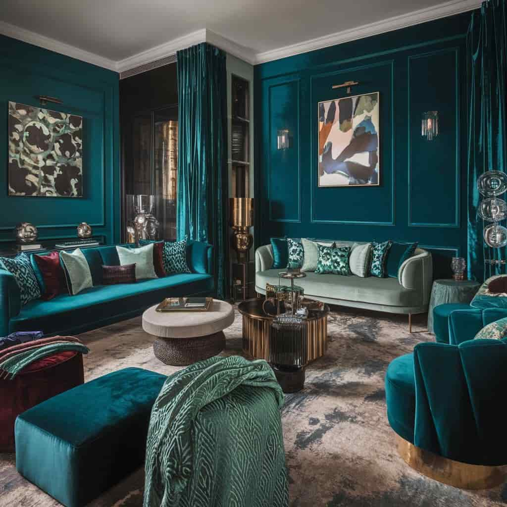 Layered Teal Shades Living Room