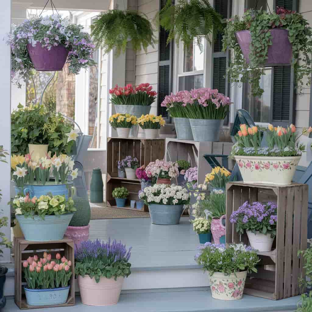 Spring Front Porch Decor With Floral Planters & Hanging Baskets