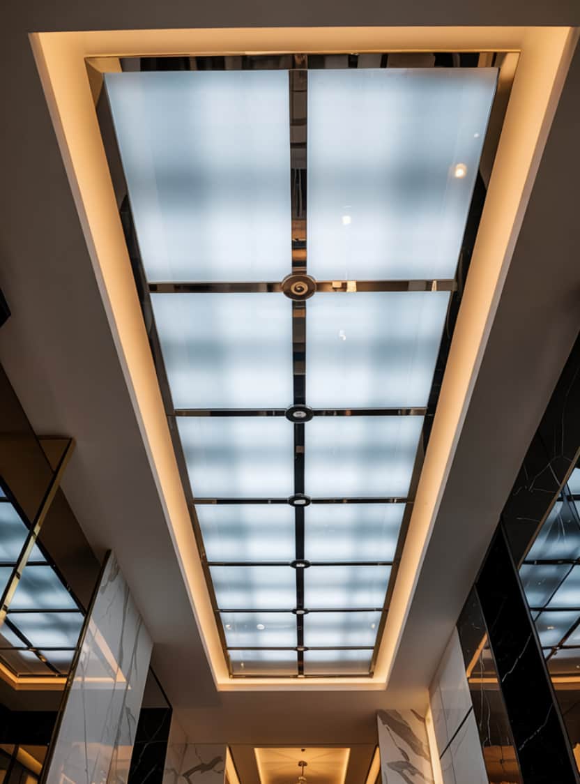 Modern False Ceiling Design with Backlit Glass Panel