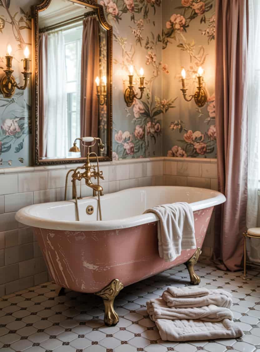 Whimsical Bathroom with Vintage Clawfoot Tub in a Bold Color