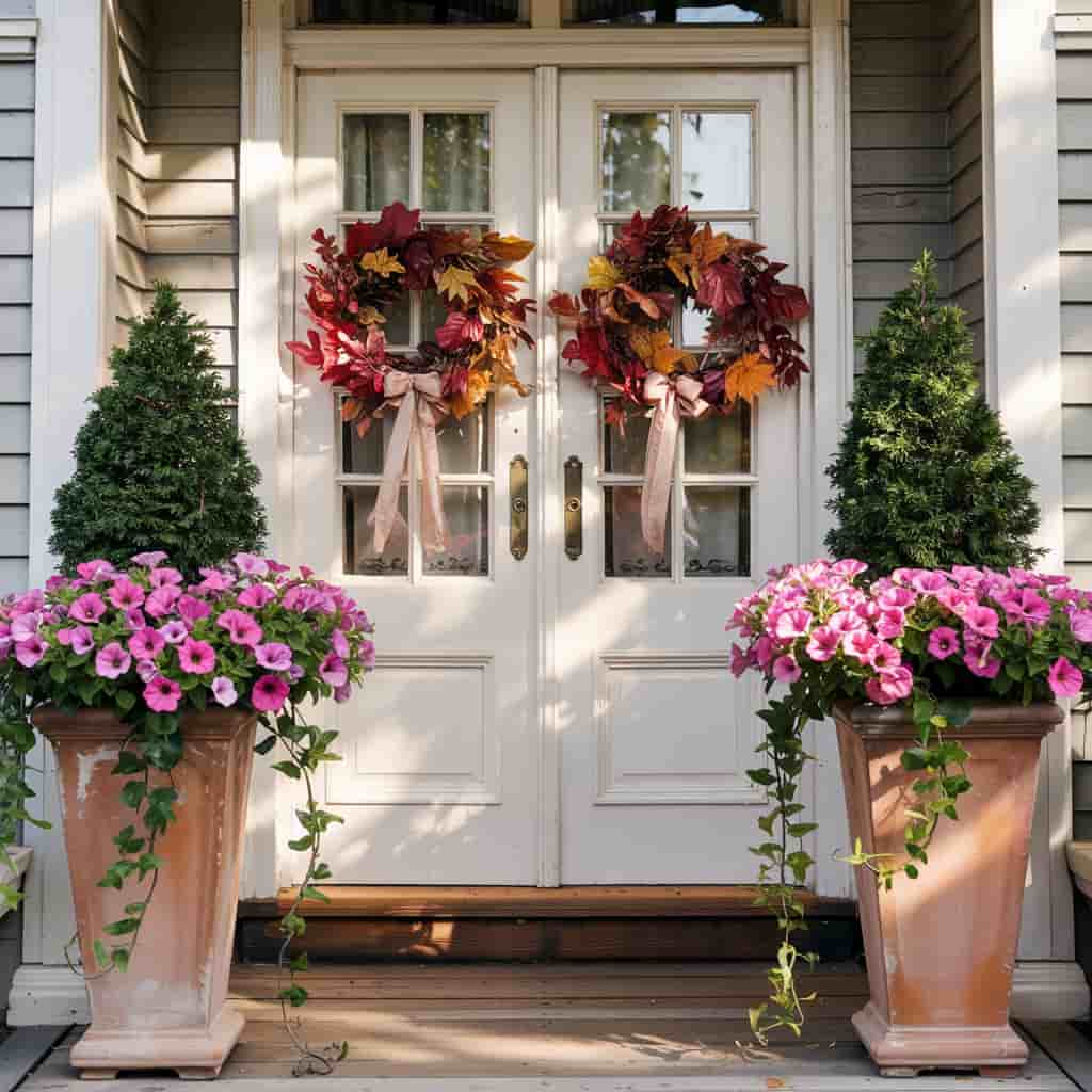 Symmetrical Planters Paired with Seasonal Wreaths